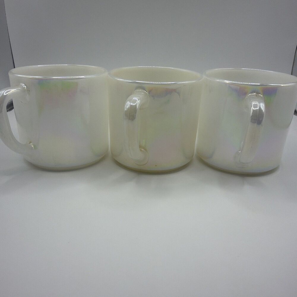 3 Vintage Coffee Mugs Federal Glass Cups Moon Glow Iridescent Aurora Borealis